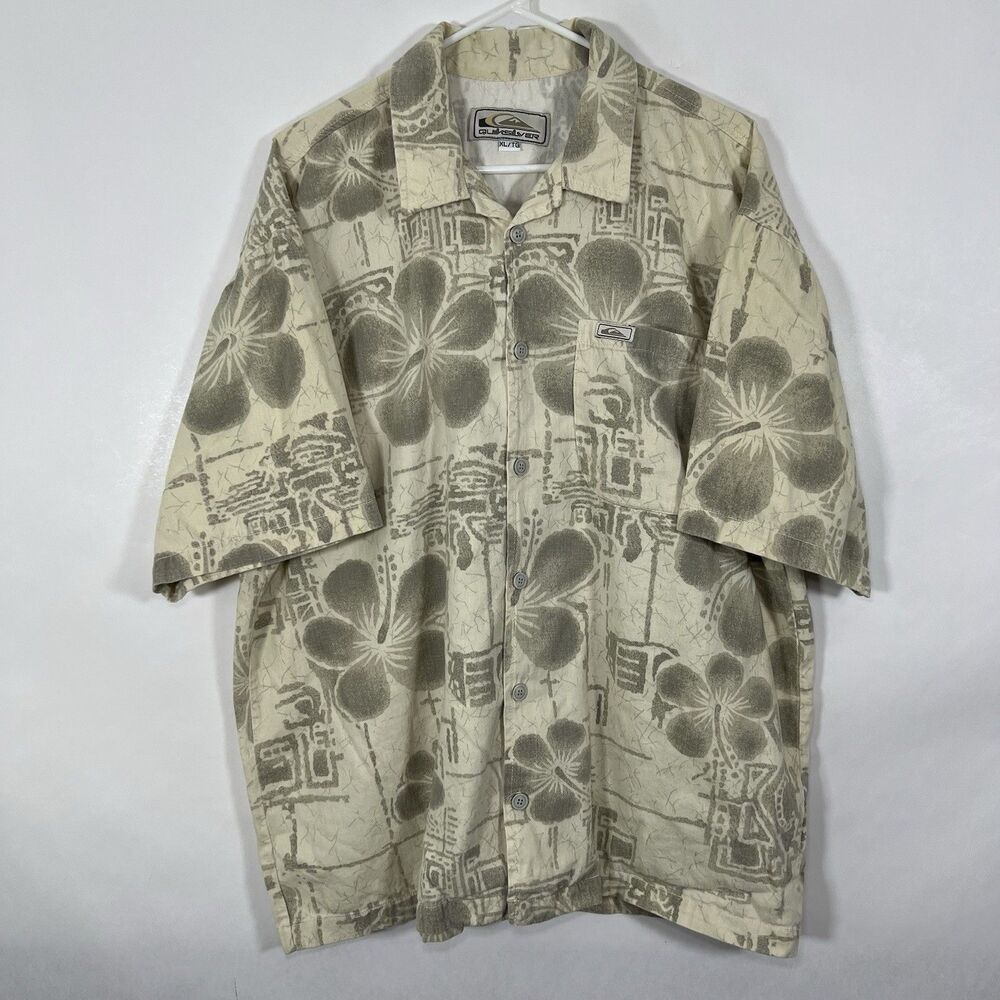 Vintage Quiksilver Short Sleeve Button Up Shirt Mens XL Beige Floral Hawaiian